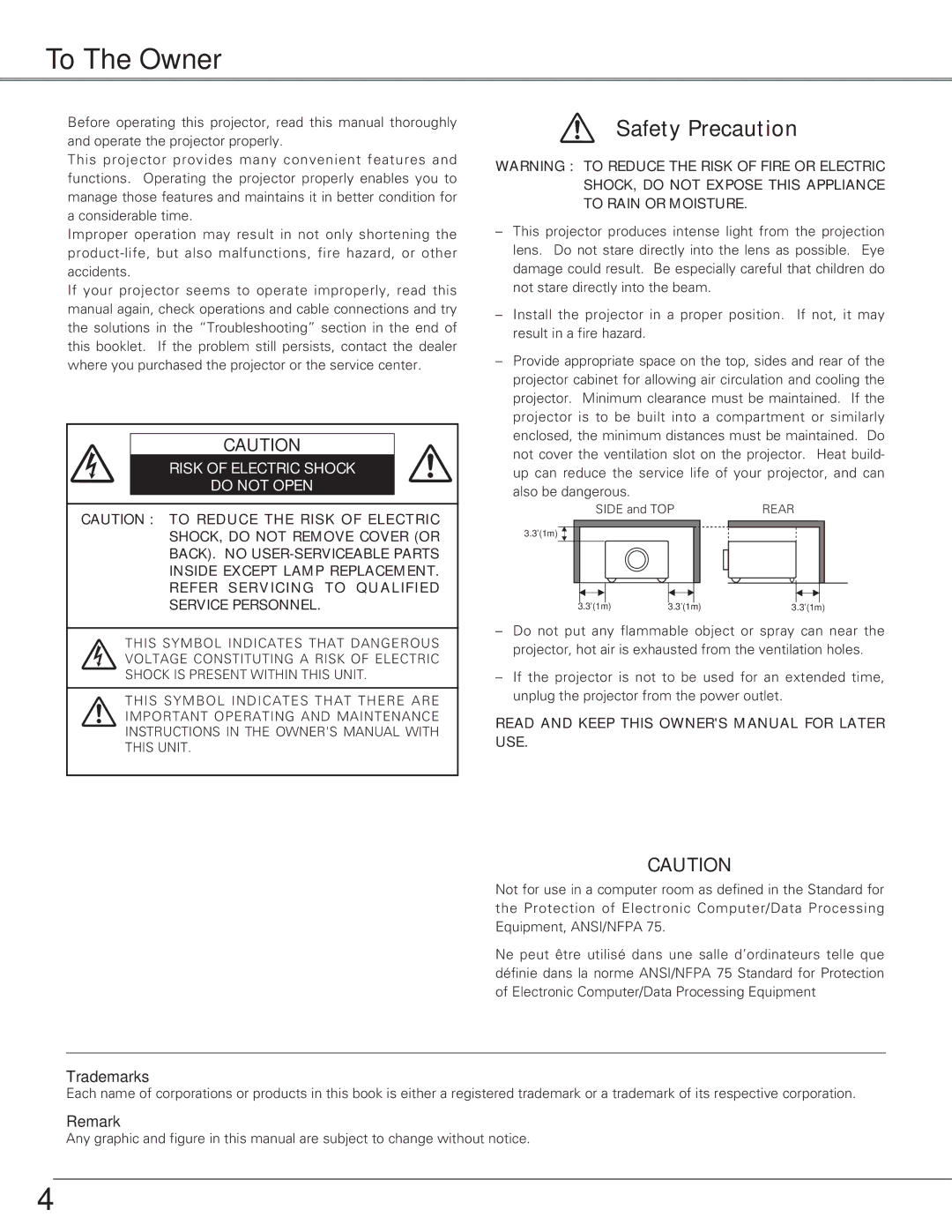 Eiki LC-X6, LC-SX6 owner manual To The Owner, Risk of Electric Shock Do not Open 