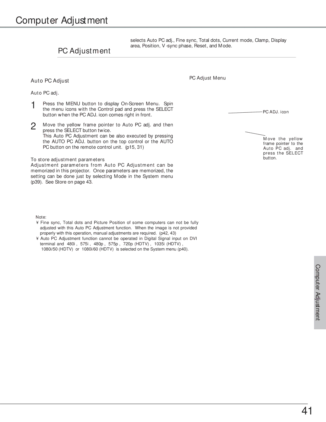 Eiki LC-SX6, LC-X6 owner manual Computer Adjustment, PC Adjustment, Auto PC Adjust, Auto PC adj 