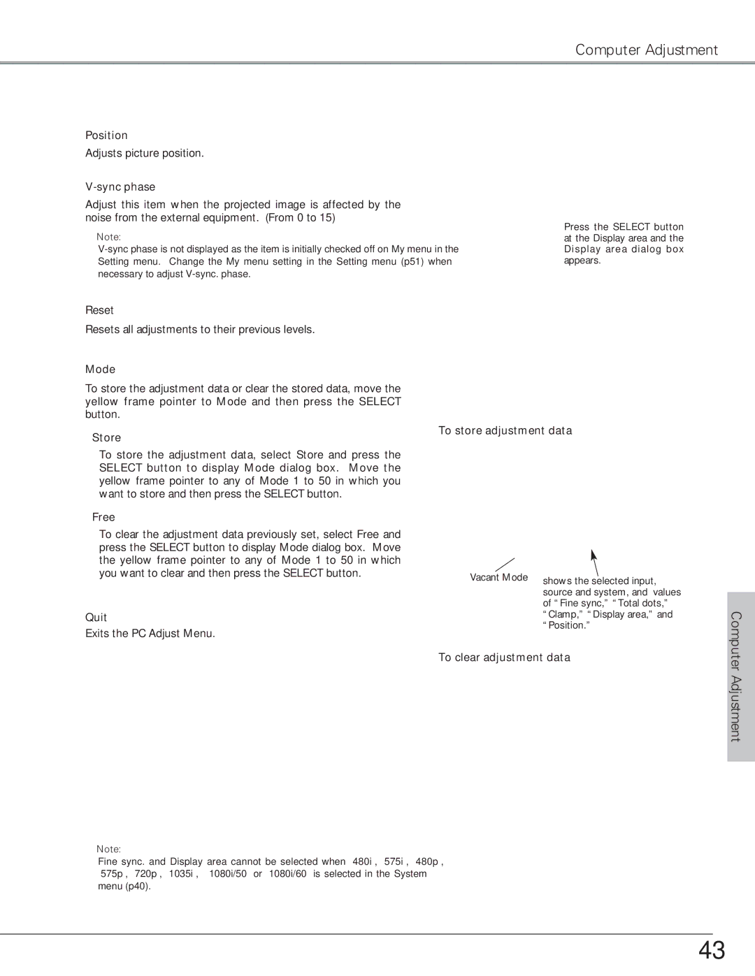 Eiki LC-SX6, LC-X6 owner manual Position, Sync phase, Reset, Mode, Quit 