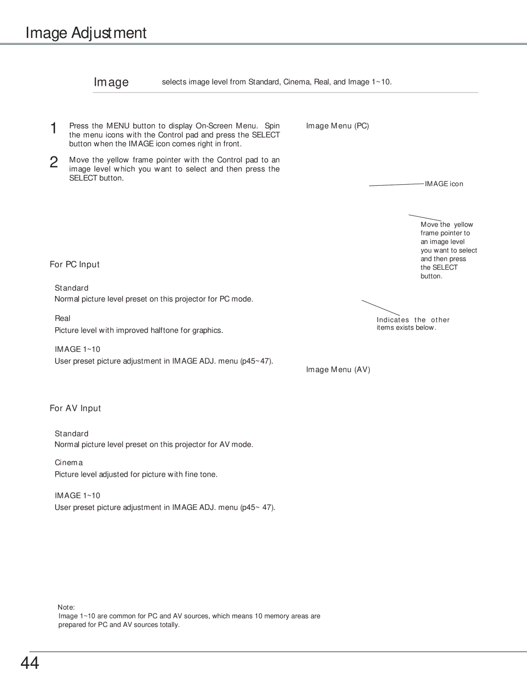 Eiki LC-X6, LC-SX6 owner manual Image Adjustment, For PC Input, For AV Input 