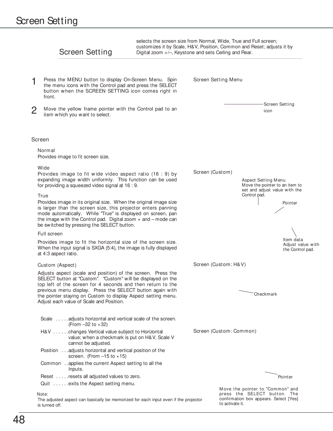 Eiki LC-X6, LC-SX6 owner manual Screen Setting 