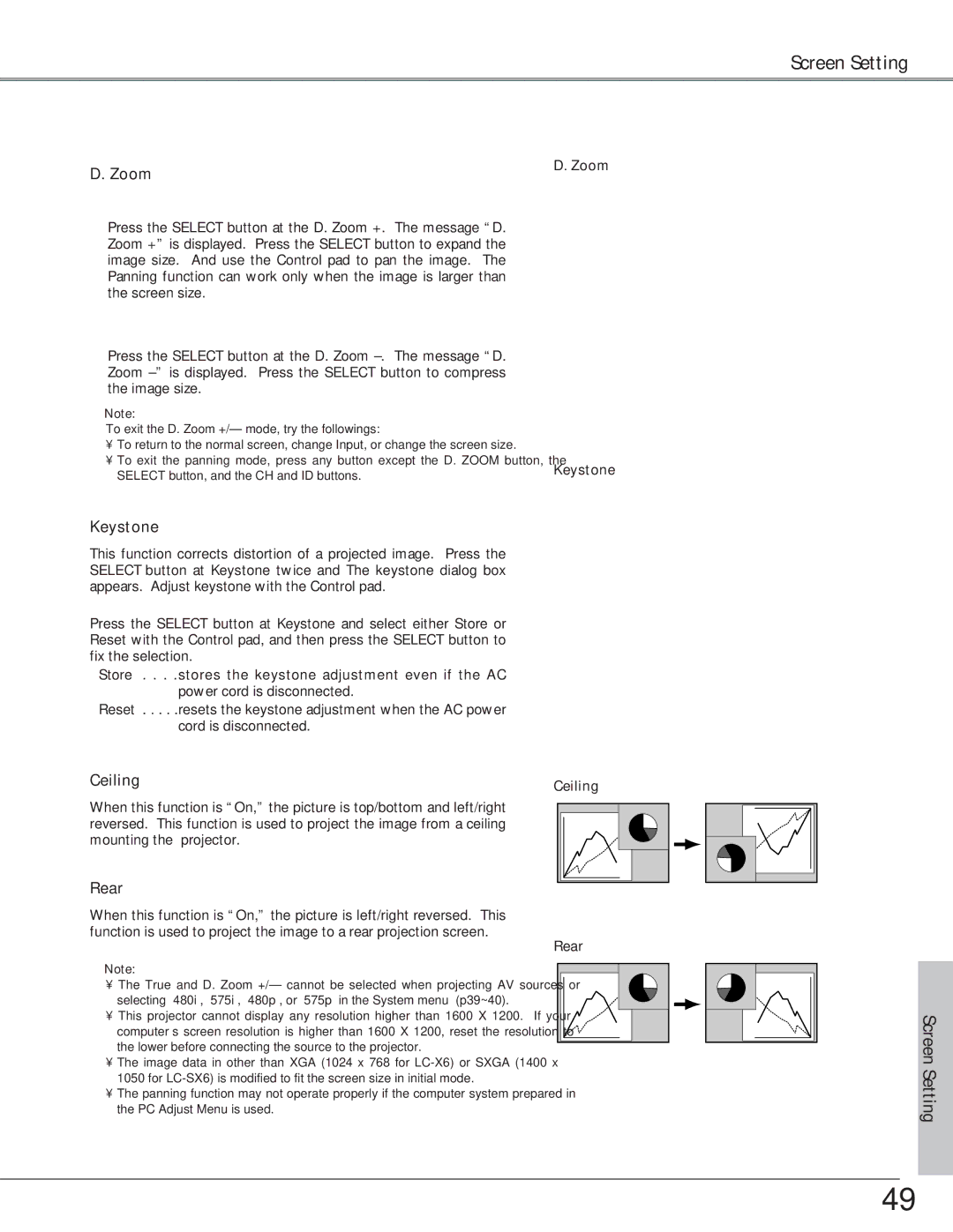 Eiki LC-SX6, LC-X6 owner manual Zoom, Keystone, Ceiling, Rear 