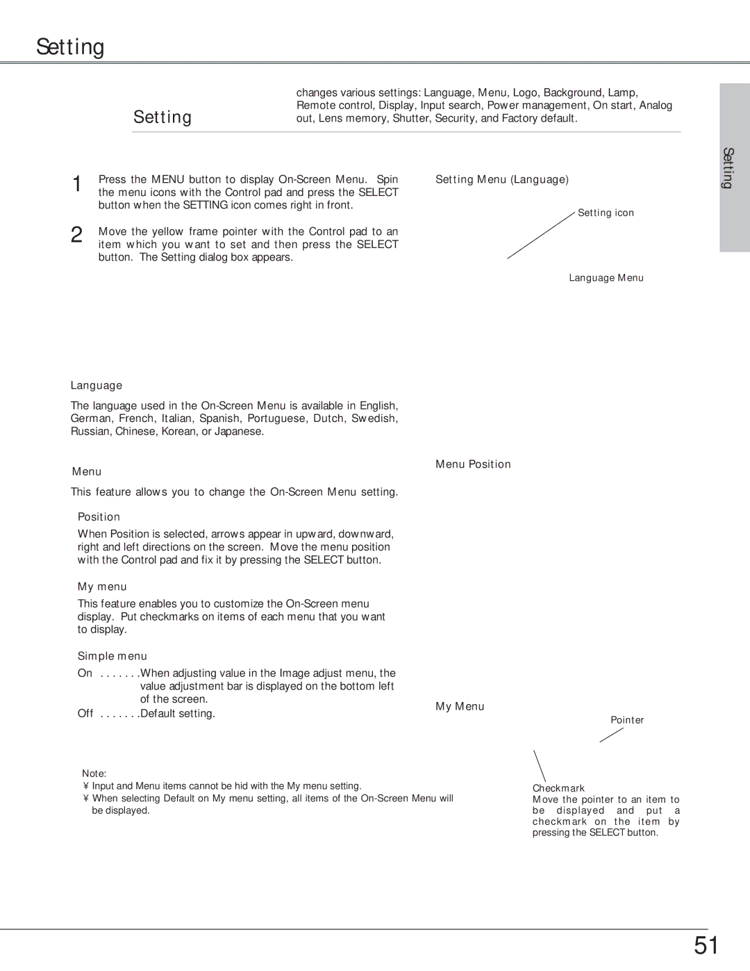 Eiki LC-SX6, LC-X6 owner manual Setting, Language, Menu 