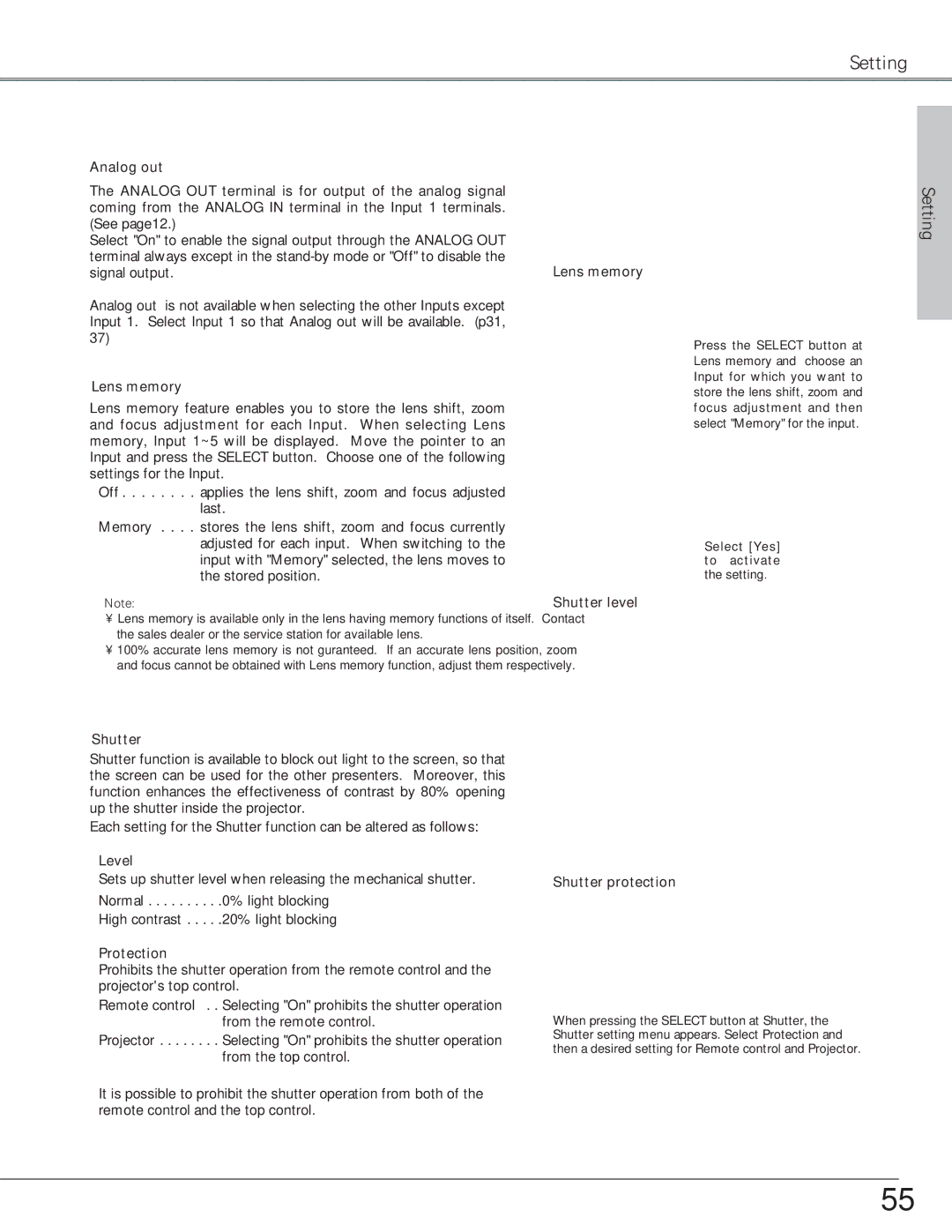 Eiki LC-SX6, LC-X6 owner manual Analog out, Lens memory, Shutter 