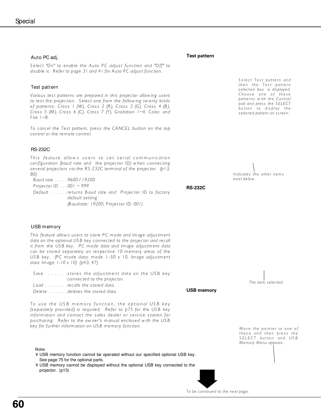 Eiki LC-X6, LC-SX6 owner manual Test pattern, RS-232C, USB memory 