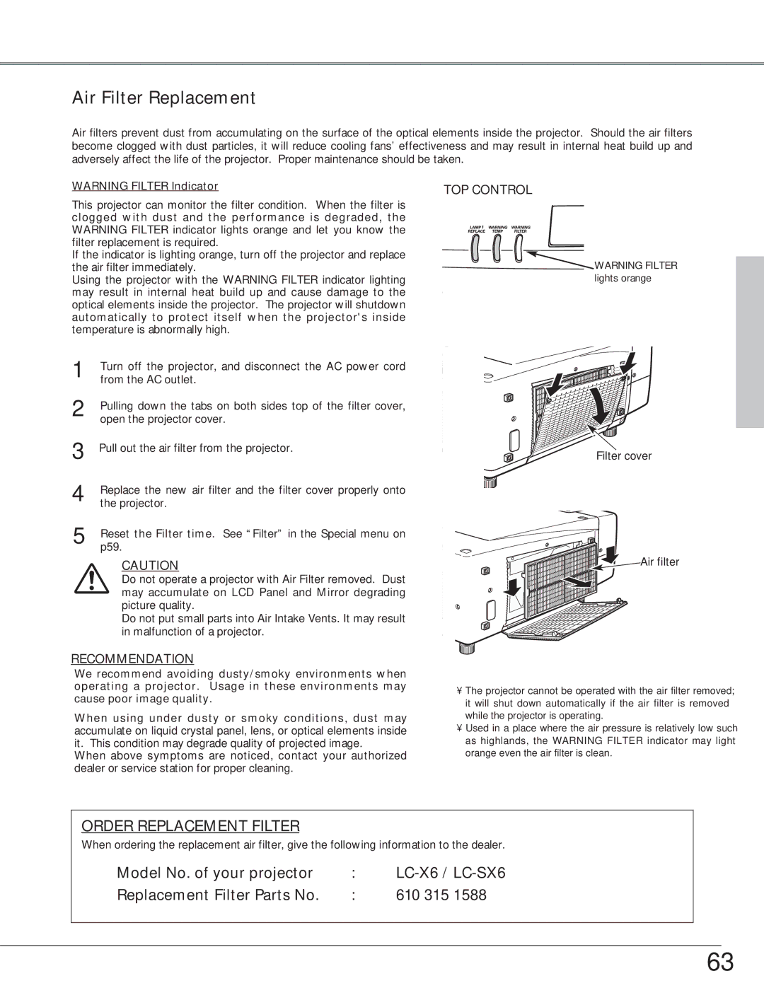 Eiki LC-SX6, LC-X6 owner manual Air Filter Replacement, Maintenance & Cleaning 