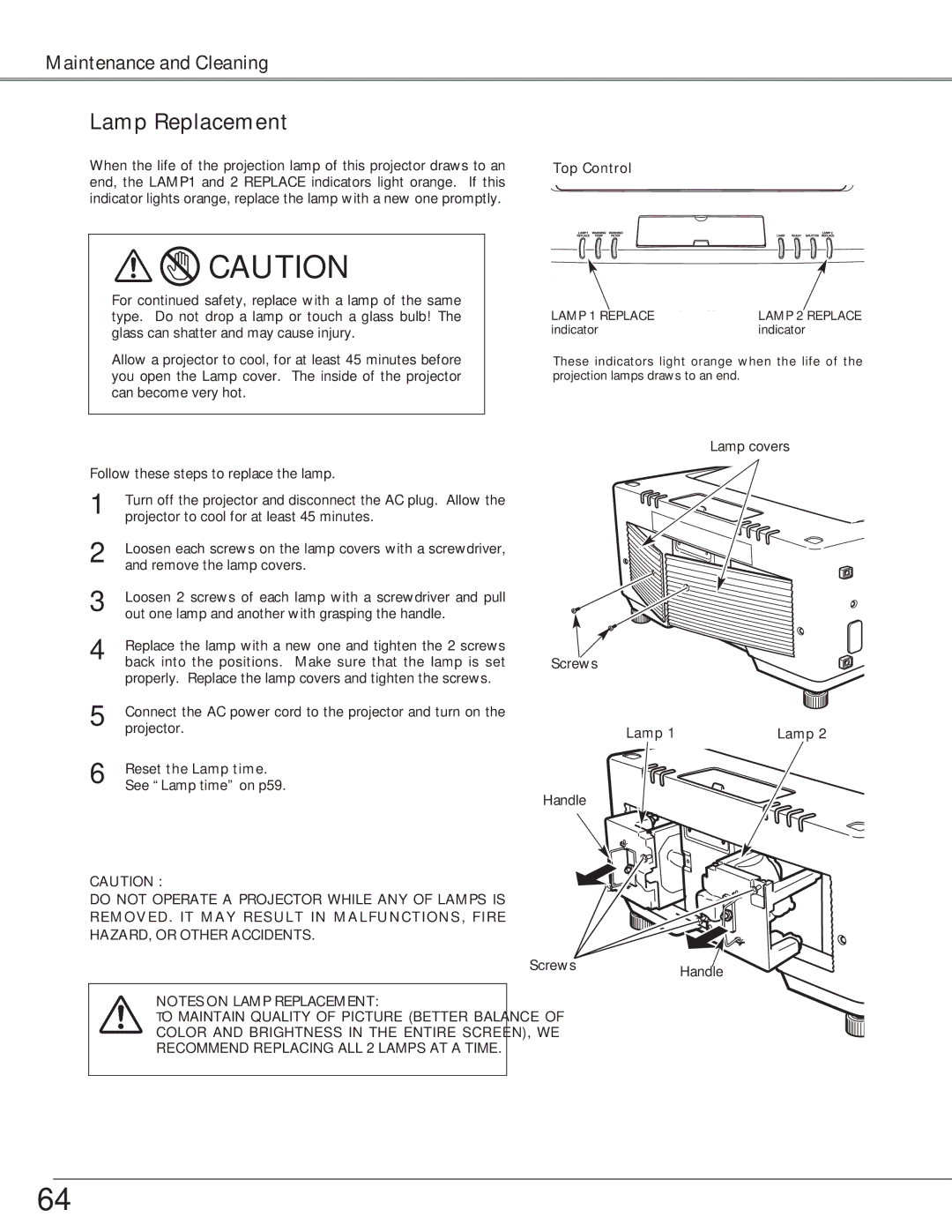 Eiki LC-X6, LC-SX6 owner manual Lamp Replacement, Reset the Lamp time 