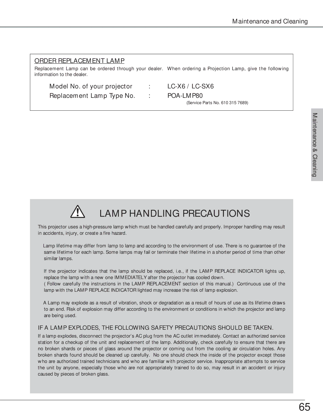 Eiki LC-SX6, LC-X6 owner manual Lamp Handling Precautions 