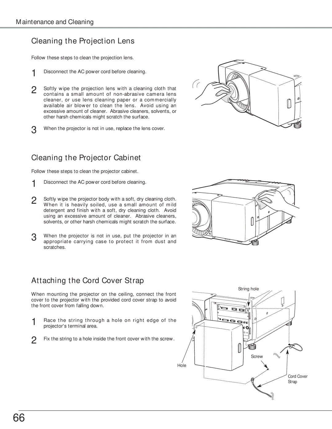 Eiki LC-X6, LC-SX6 owner manual Cleaning the Projection Lens, Cleaning the Projector Cabinet, Attaching the Cord Cover Strap 