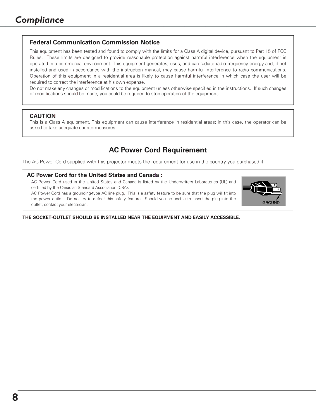 Eiki LC-X6, LC-SX6 owner manual Compliance, Federal Communication Commission Notice 