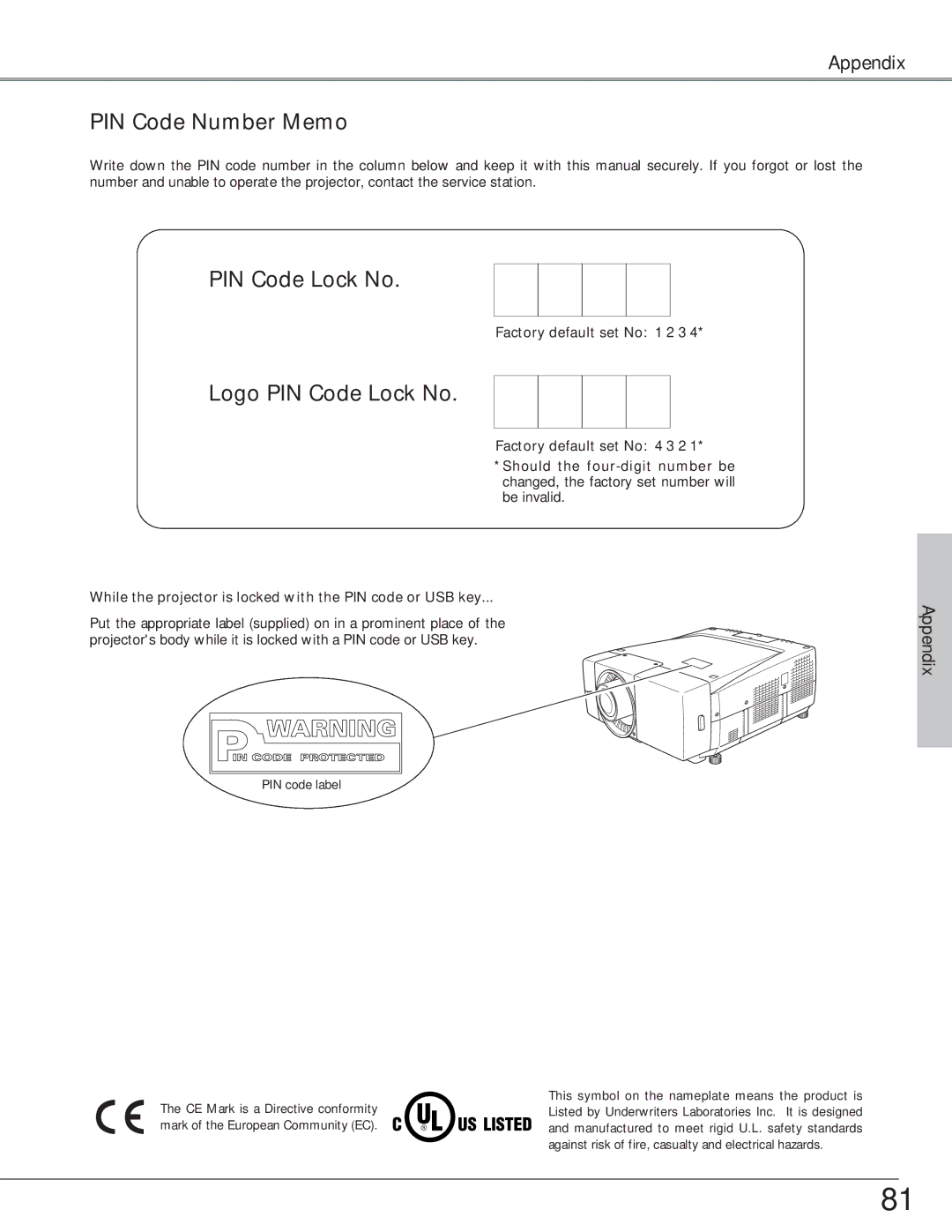 Eiki LC-SX6, LC-X6 owner manual PIN Code Number Memo, Logo PIN Code Lock No 