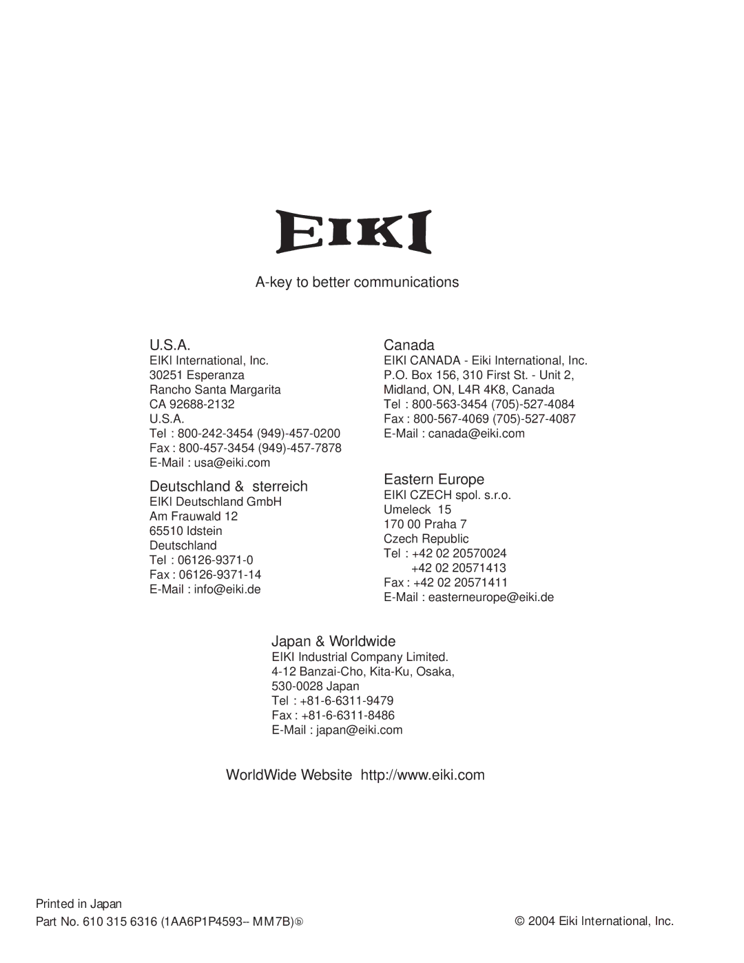 Eiki LC-X6, LC-SX6 owner manual Key to better communications Canada 