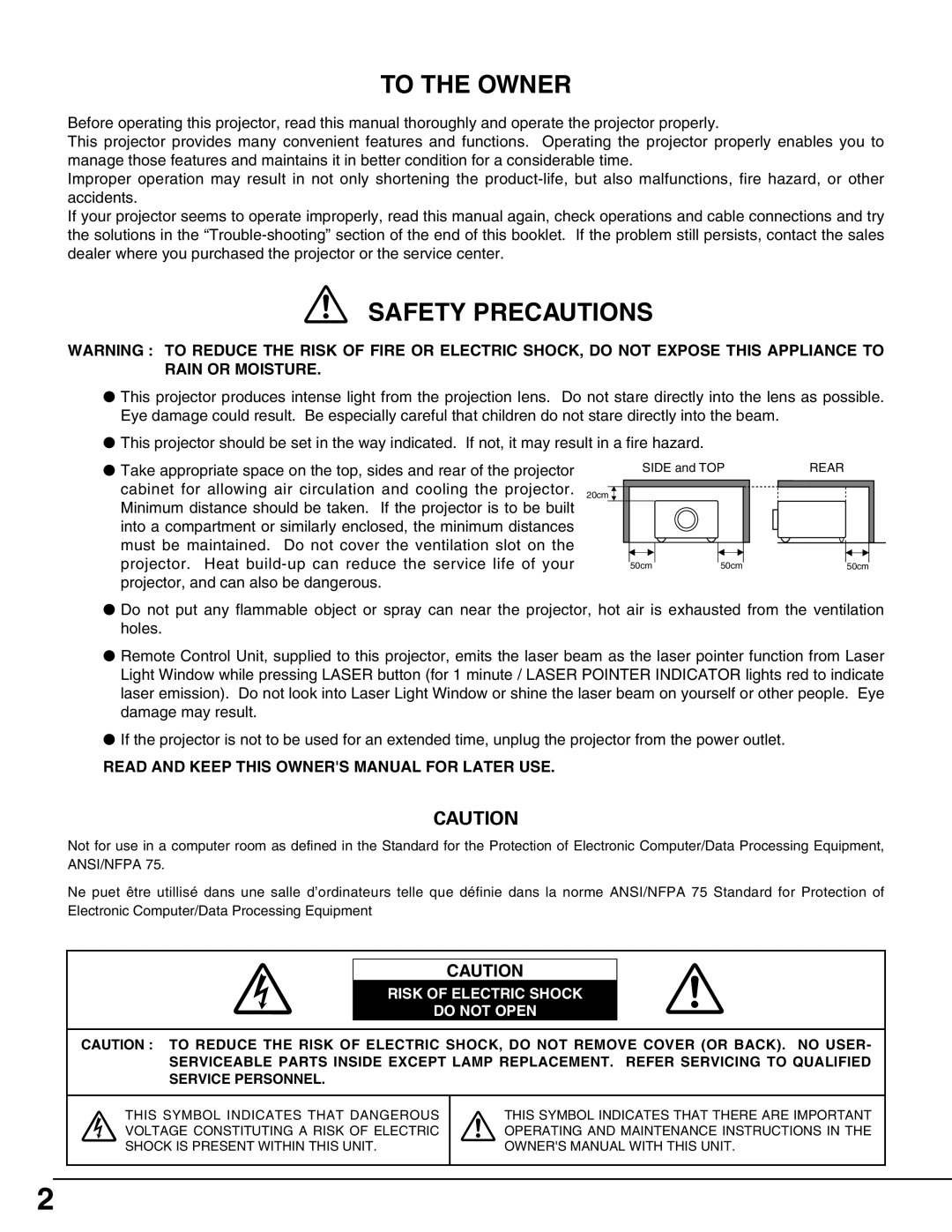 Eiki LC-X60 instruction manual To The Owner, Safety Precautions 