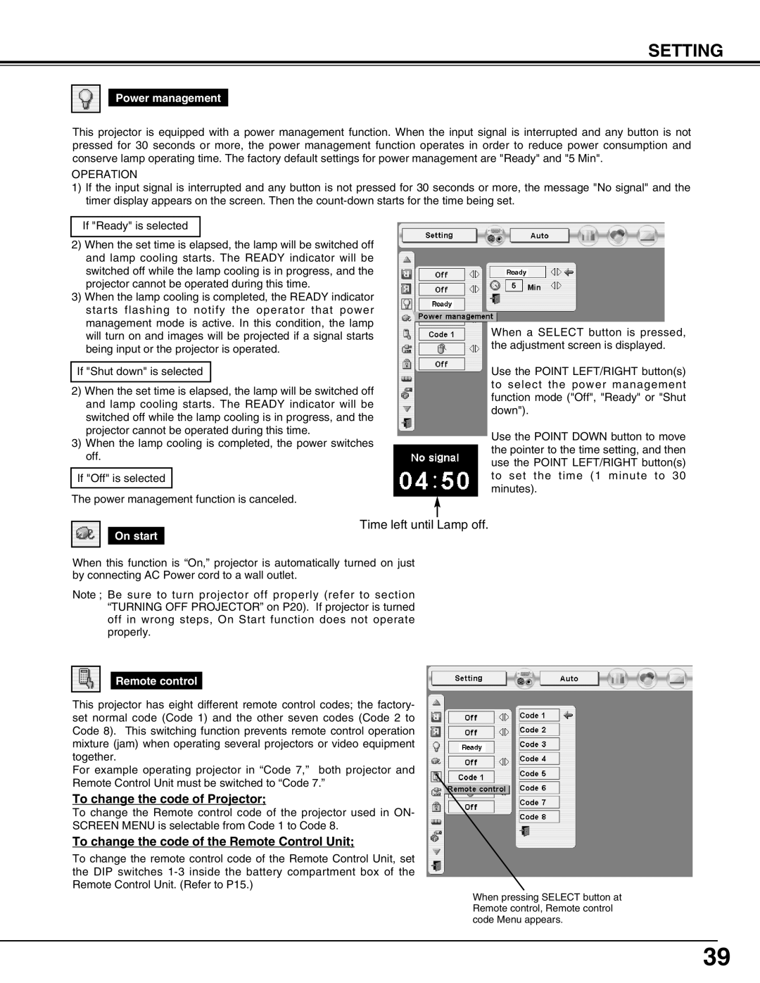 Eiki LC-X60 instruction manual Setting, Time left until Lamp off, To change the code of Projector 