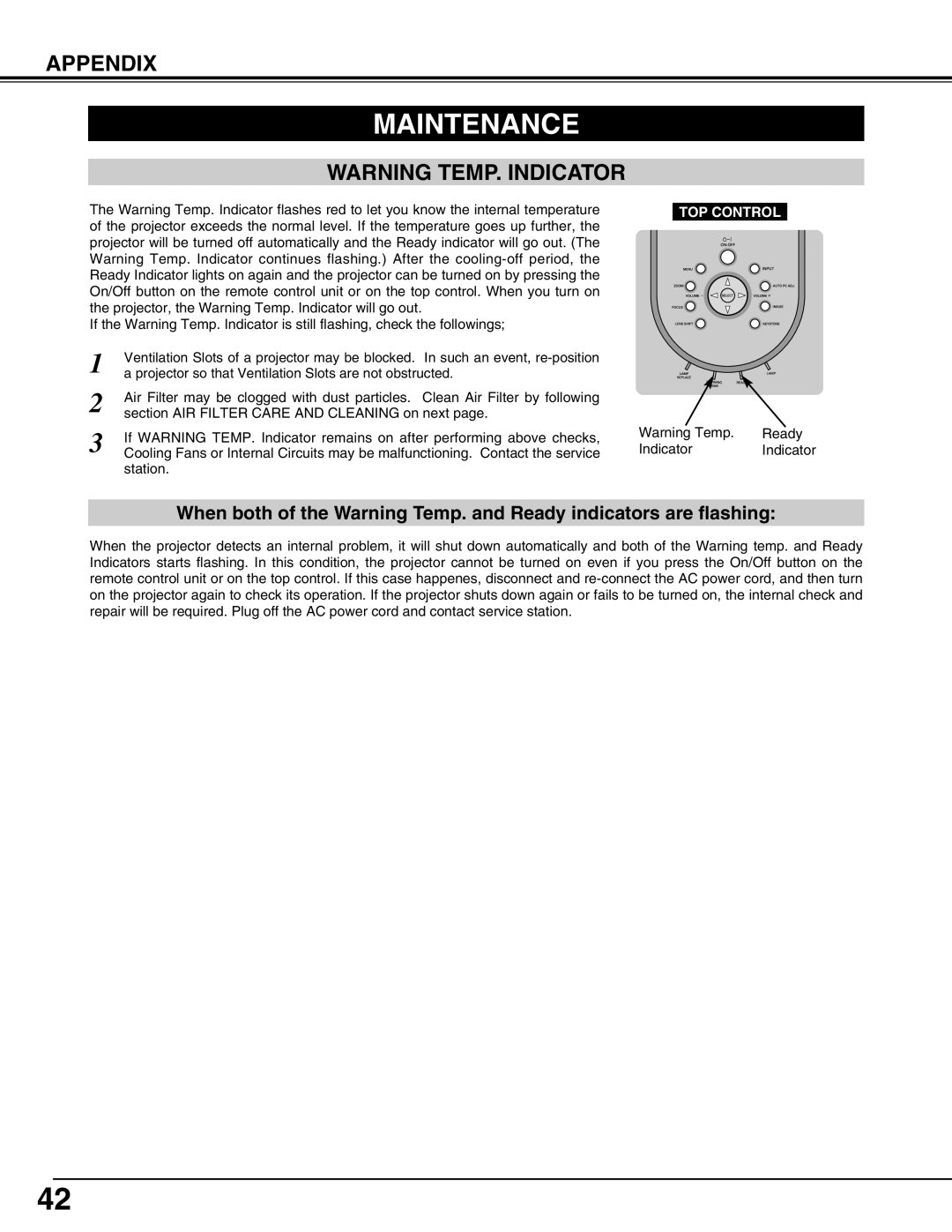 Eiki LC-X60 instruction manual Maintenance, Warning Temp. Indicator, Appendix 