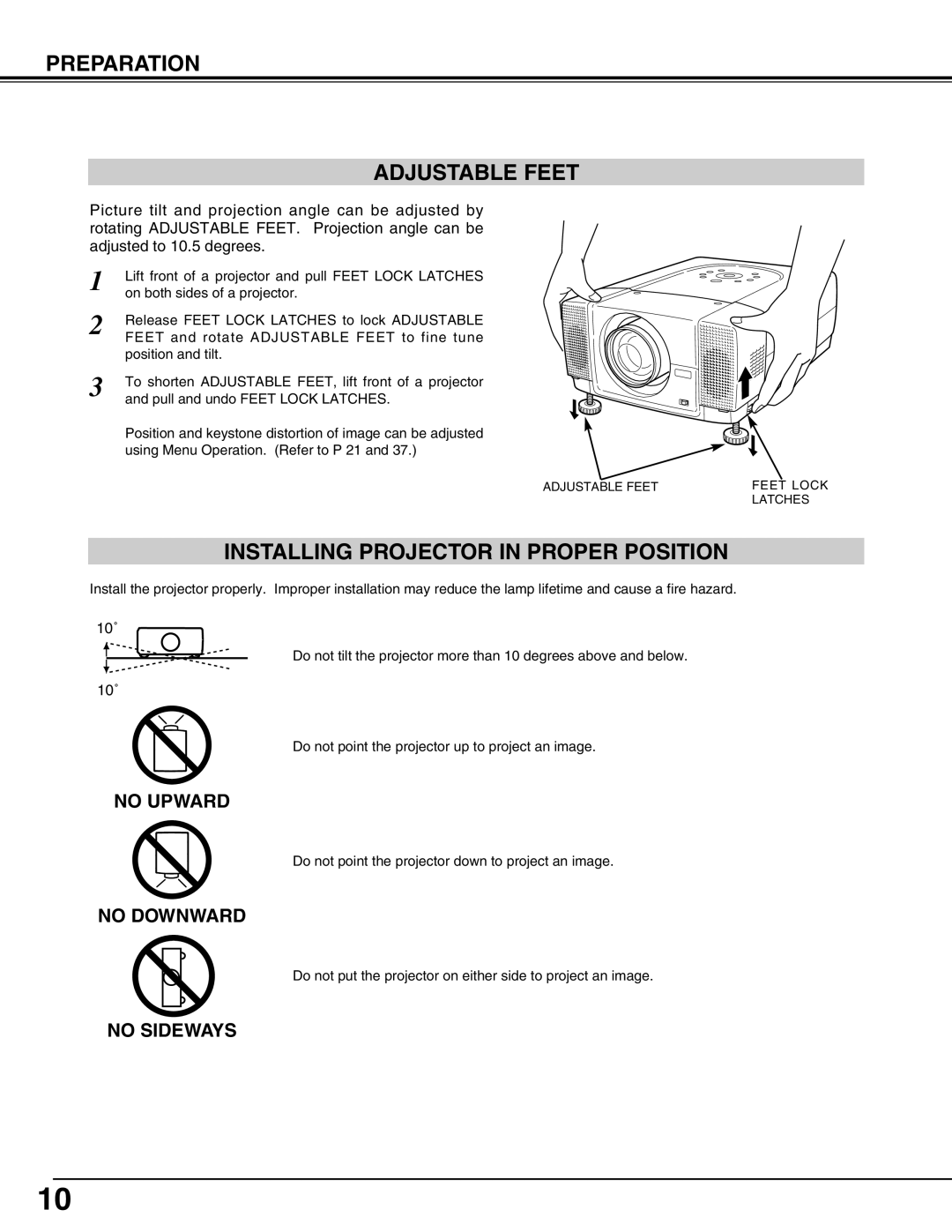 Eiki LC-X60 instruction manual Preparation Adjustable Feet, Installing Projector in Proper Position 