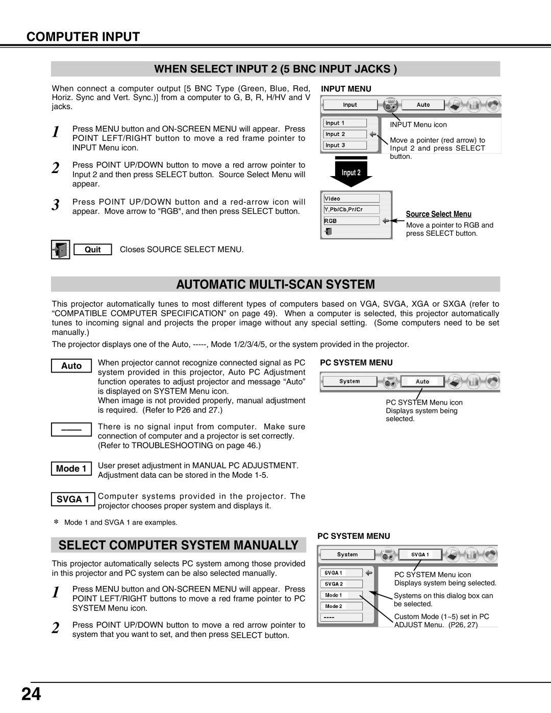 Eiki LC-X60 instruction manual Automatic MULTI-SCAN System, PC System Menu 