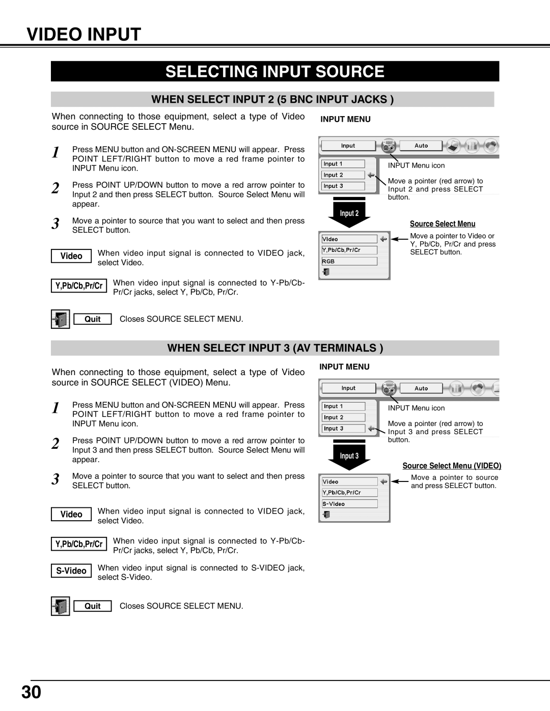 Eiki LC-X60 instruction manual Video Input, Select Video, When video input signal is connected to Y-Pb/Cb 