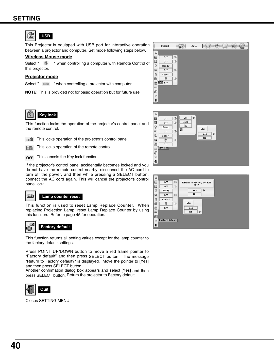 Eiki LC-X60 instruction manual Wireless Mouse mode, Projector mode, Usb 