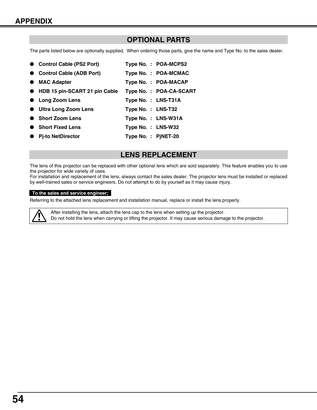 Eiki LC-X60 instruction manual Appendix Optional Parts, Lens Replacement 