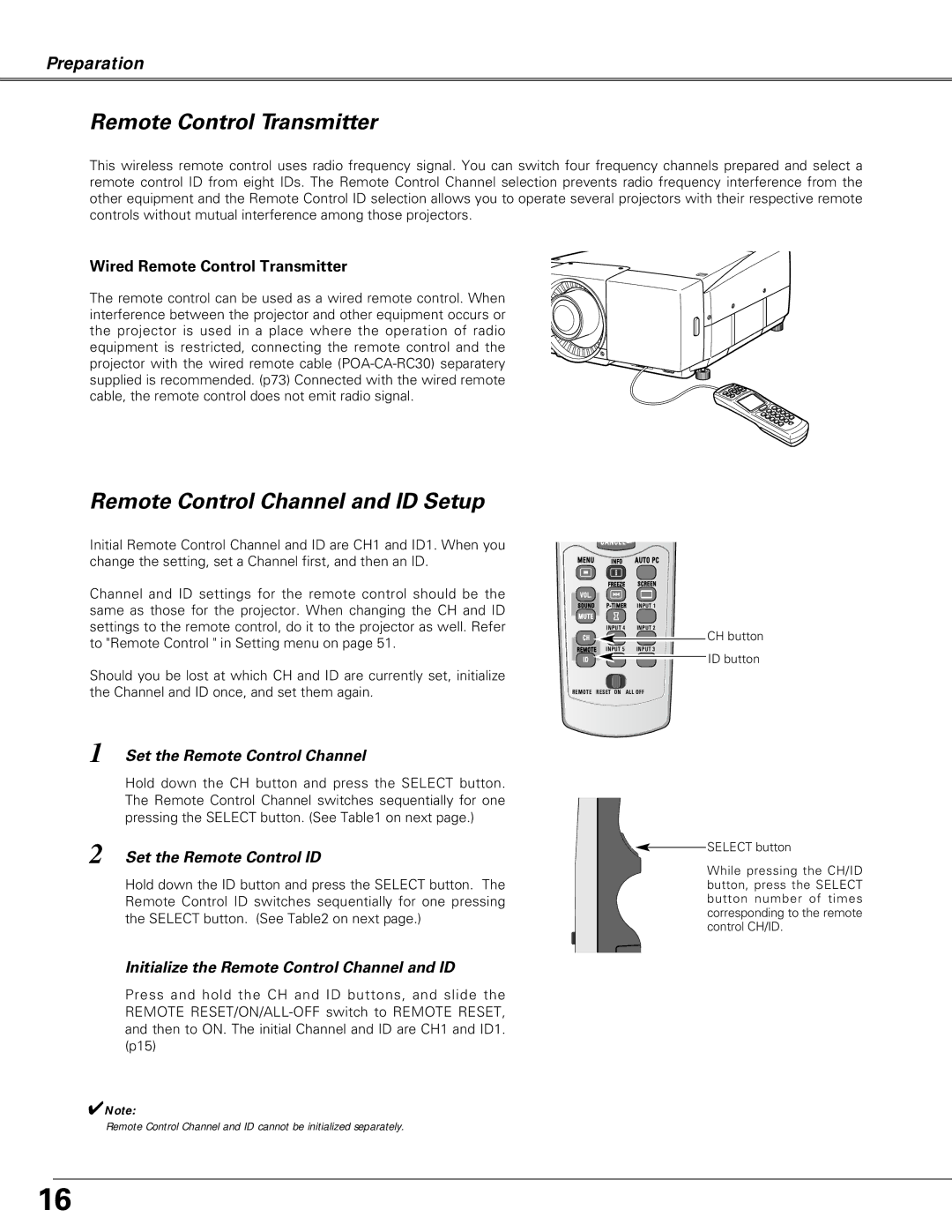 Eiki LC-X6A, LC-SX6A owner manual Remote Control Channel and ID Setup, Wired Remote Control Transmitter 