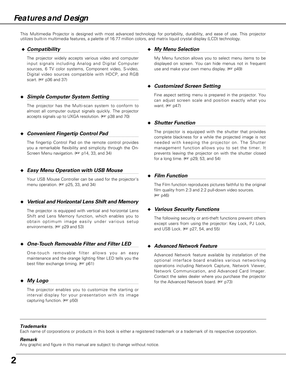 Eiki LC-X6A, LC-SX6A owner manual Features and Design, Compatibility My Menu Selection 