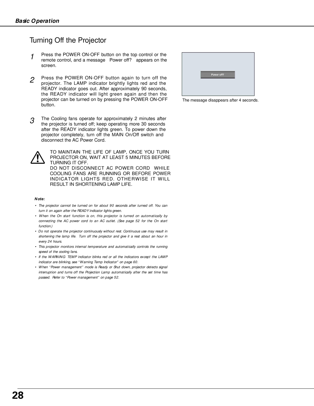 Eiki LC-X6A, LC-SX6A owner manual Turning Off the Projector 