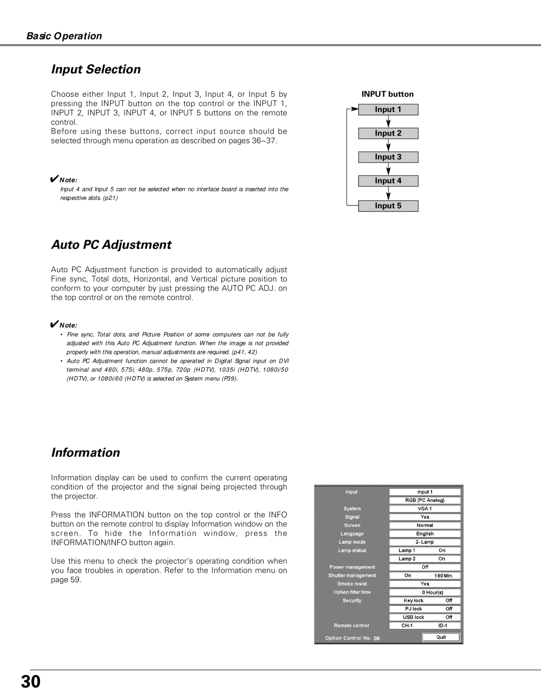 Eiki LC-X6A, LC-SX6A owner manual Input Selection, Auto PC Adjustment, Information 