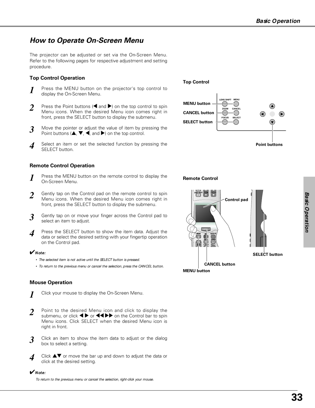 Eiki LC-SX6A, LC-X6A How to Operate On-Screen Menu, Top Control Operation, Remote Control Operation, Mouse Operation 