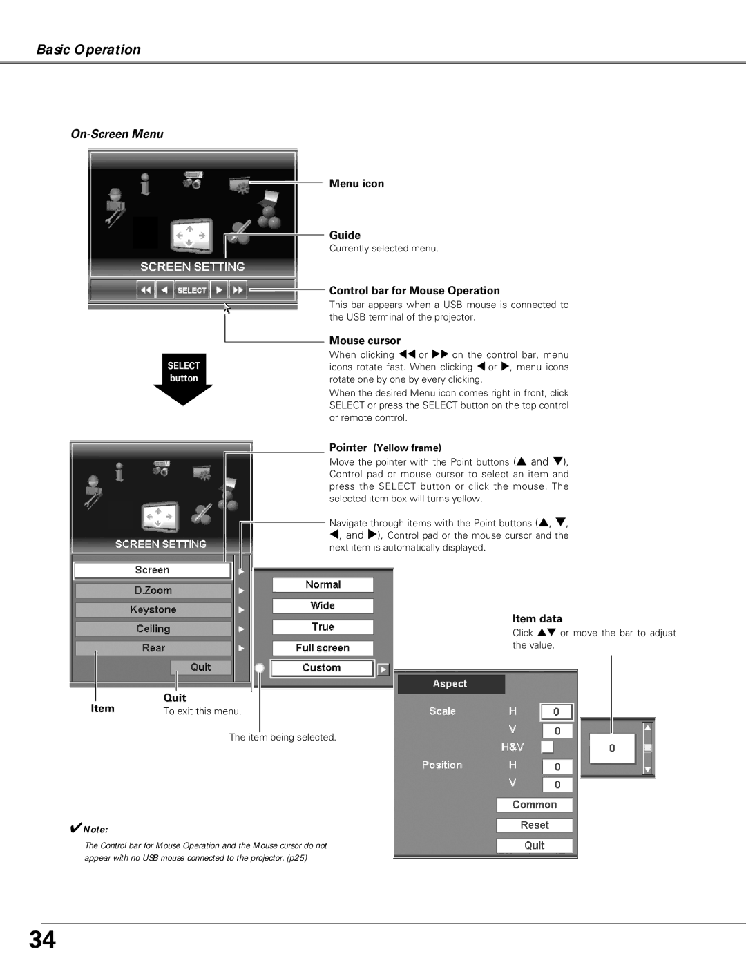 Eiki LC-X6A, LC-SX6A owner manual Menu icon Guide, Control bar for Mouse Operation, Mouse cursor, Item data, Quit 