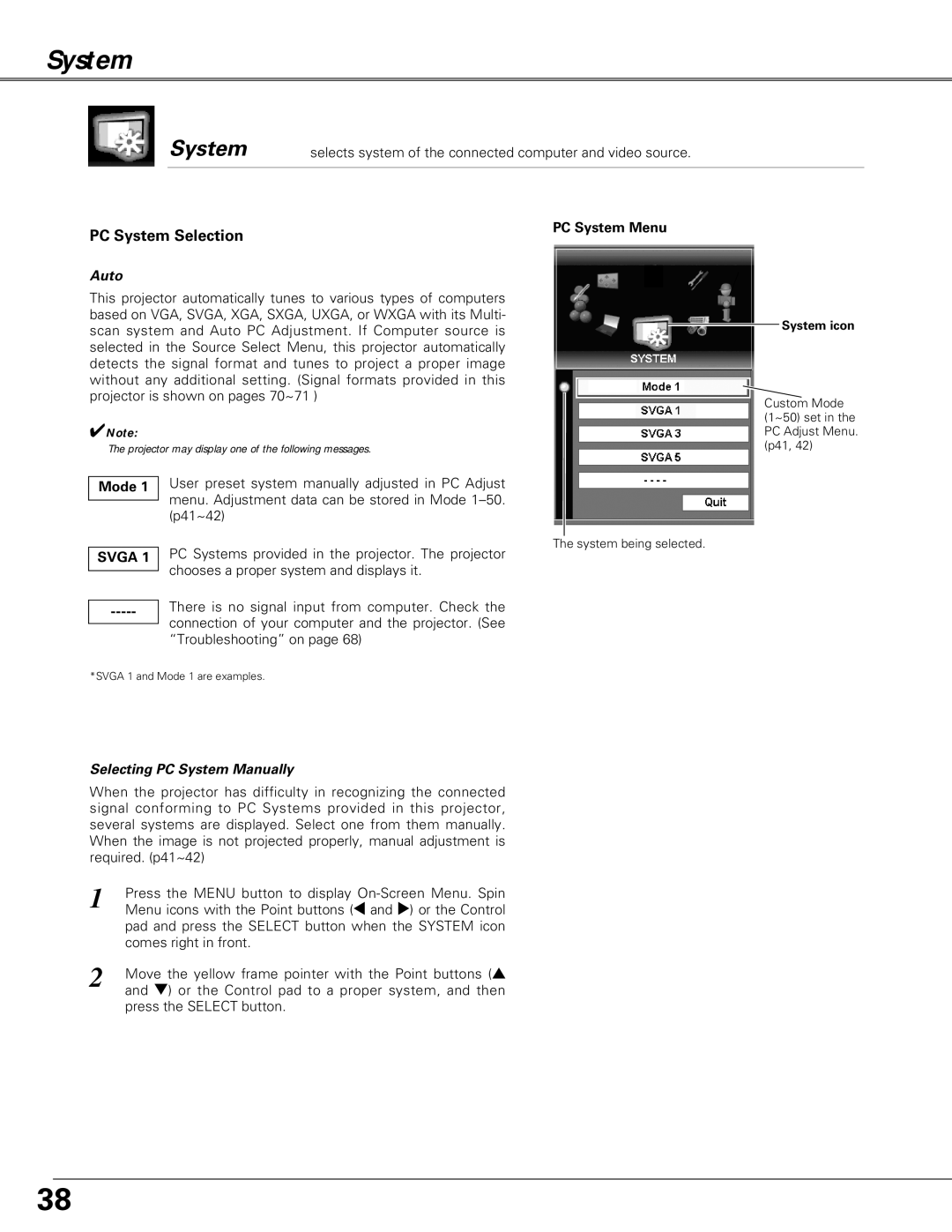 Eiki LC-X6A, LC-SX6A owner manual PC System Selection, Auto, Selecting PC System Manually 