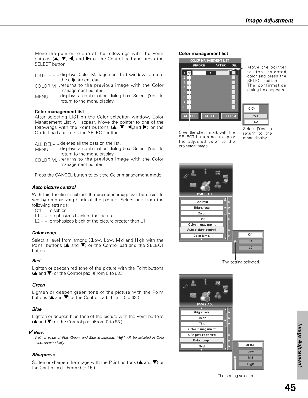 Eiki LC-SX6A, LC-X6A owner manual Auto picture control, Color temp, Red, Green, Blue, Sharpness 