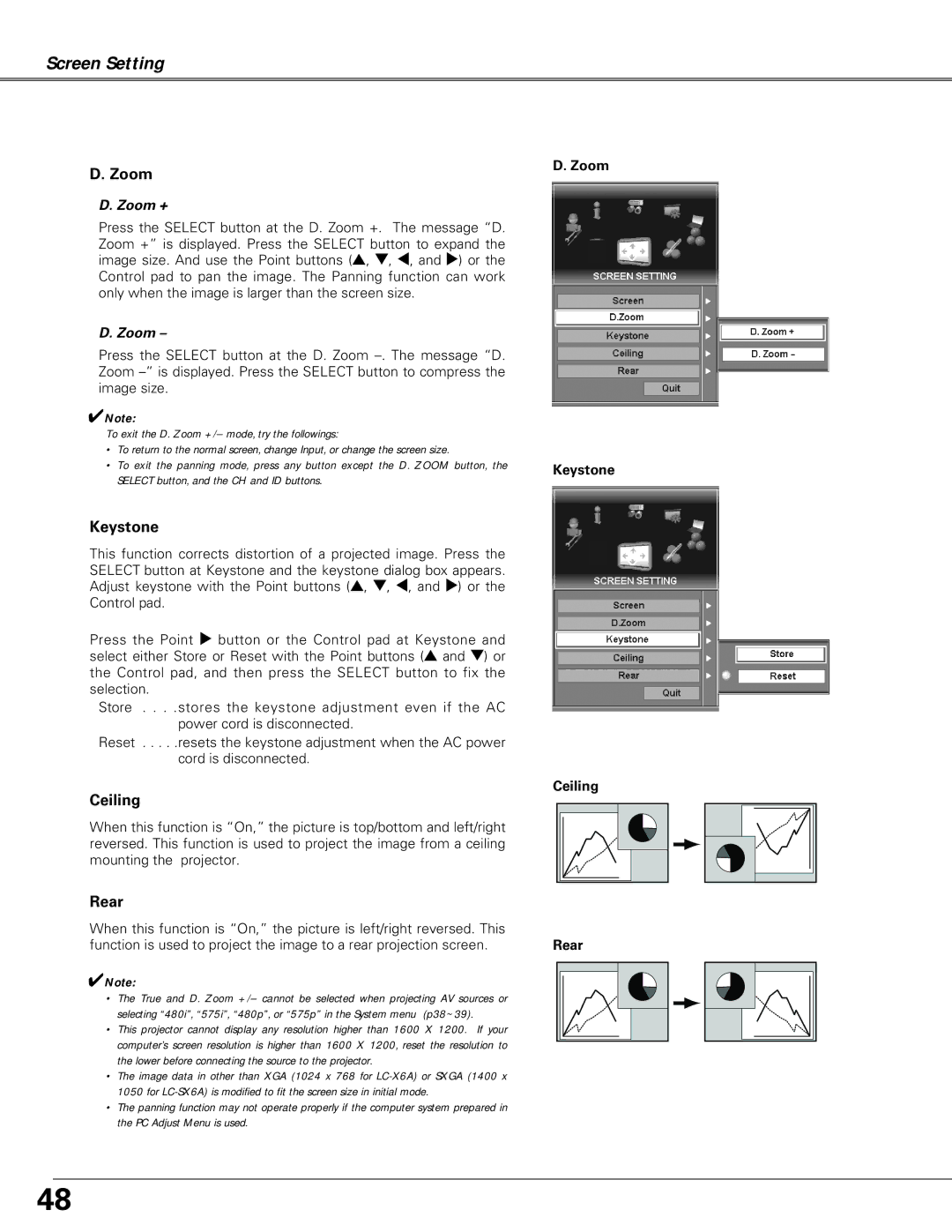 Eiki LC-X6A, LC-SX6A owner manual Zoom, Keystone, Ceiling, Rear 