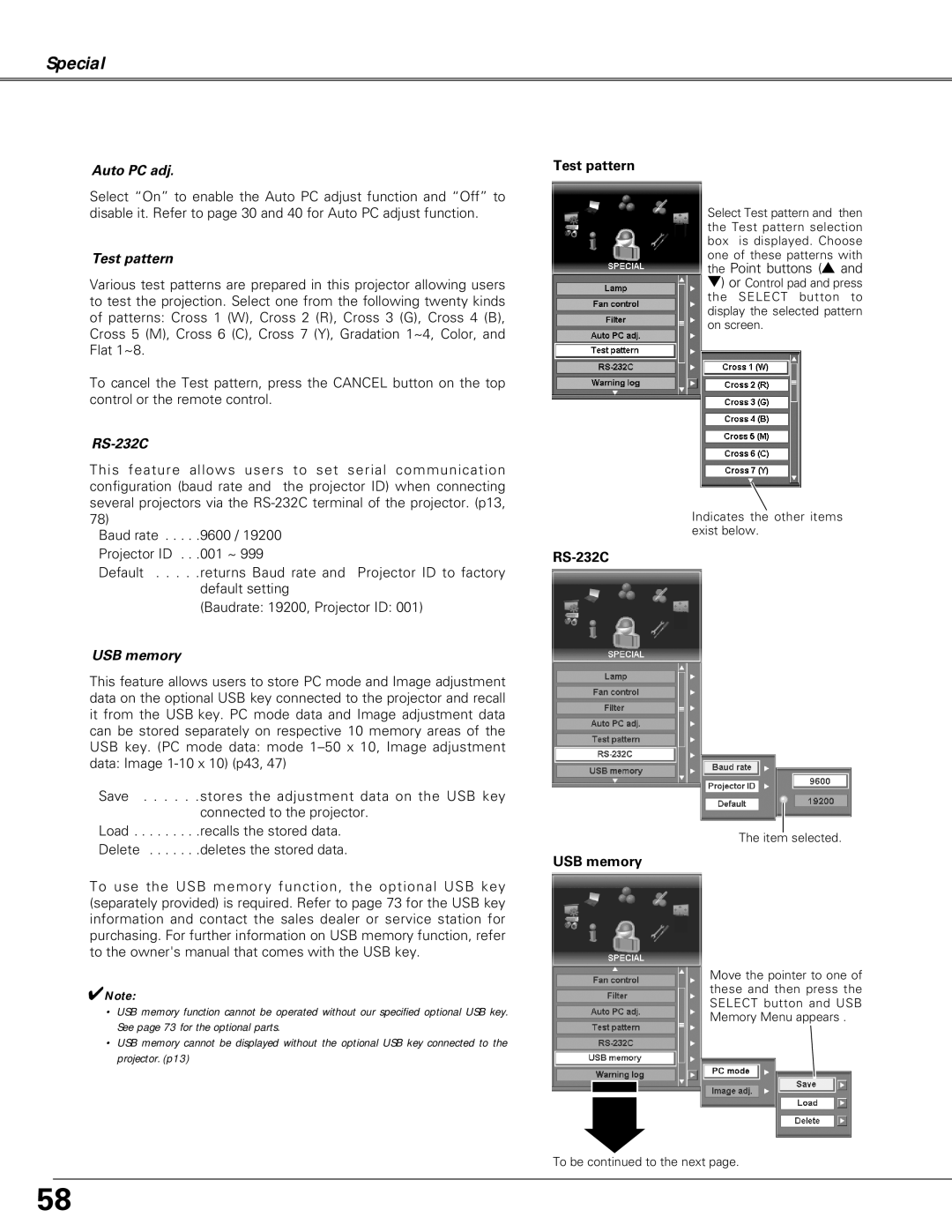 Eiki LC-X6A, LC-SX6A owner manual Test pattern, RS-232C, USB memory 