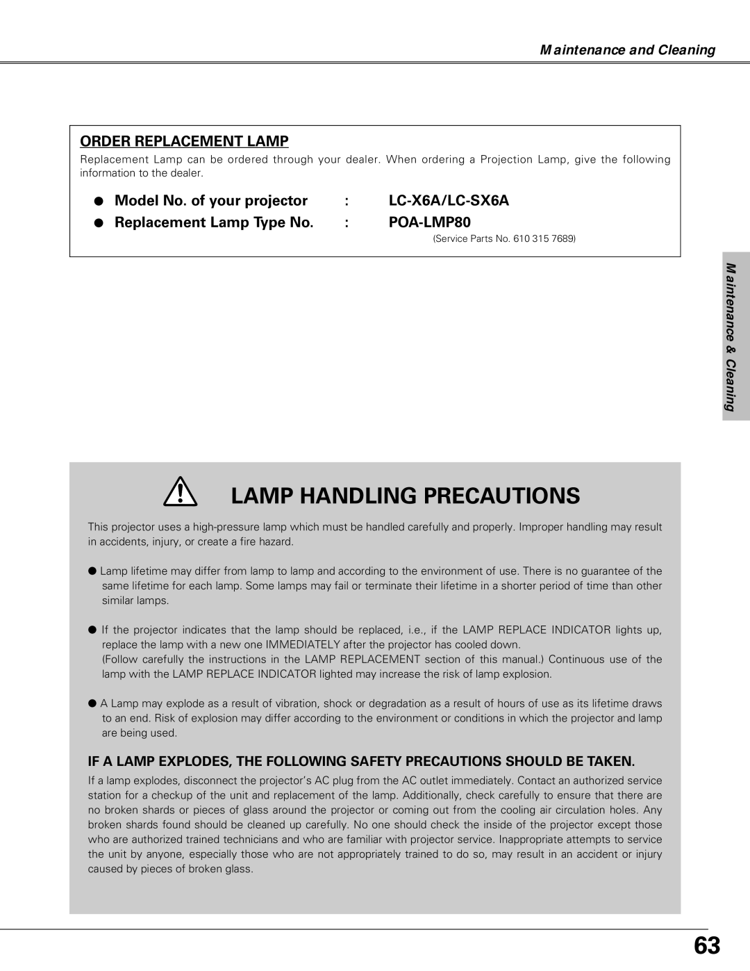 Eiki LC-SX6A, LC-X6A owner manual Lamp Handling Precautions 