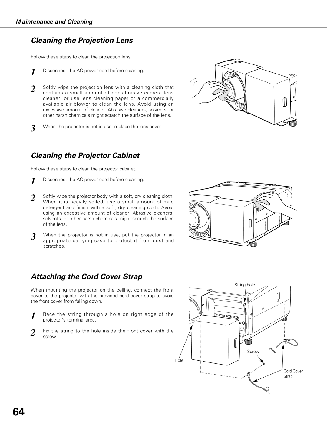 Eiki LC-X6A, LC-SX6A Cleaning the Projection Lens, Cleaning the Projector Cabinet, Attaching the Cord Cover Strap 