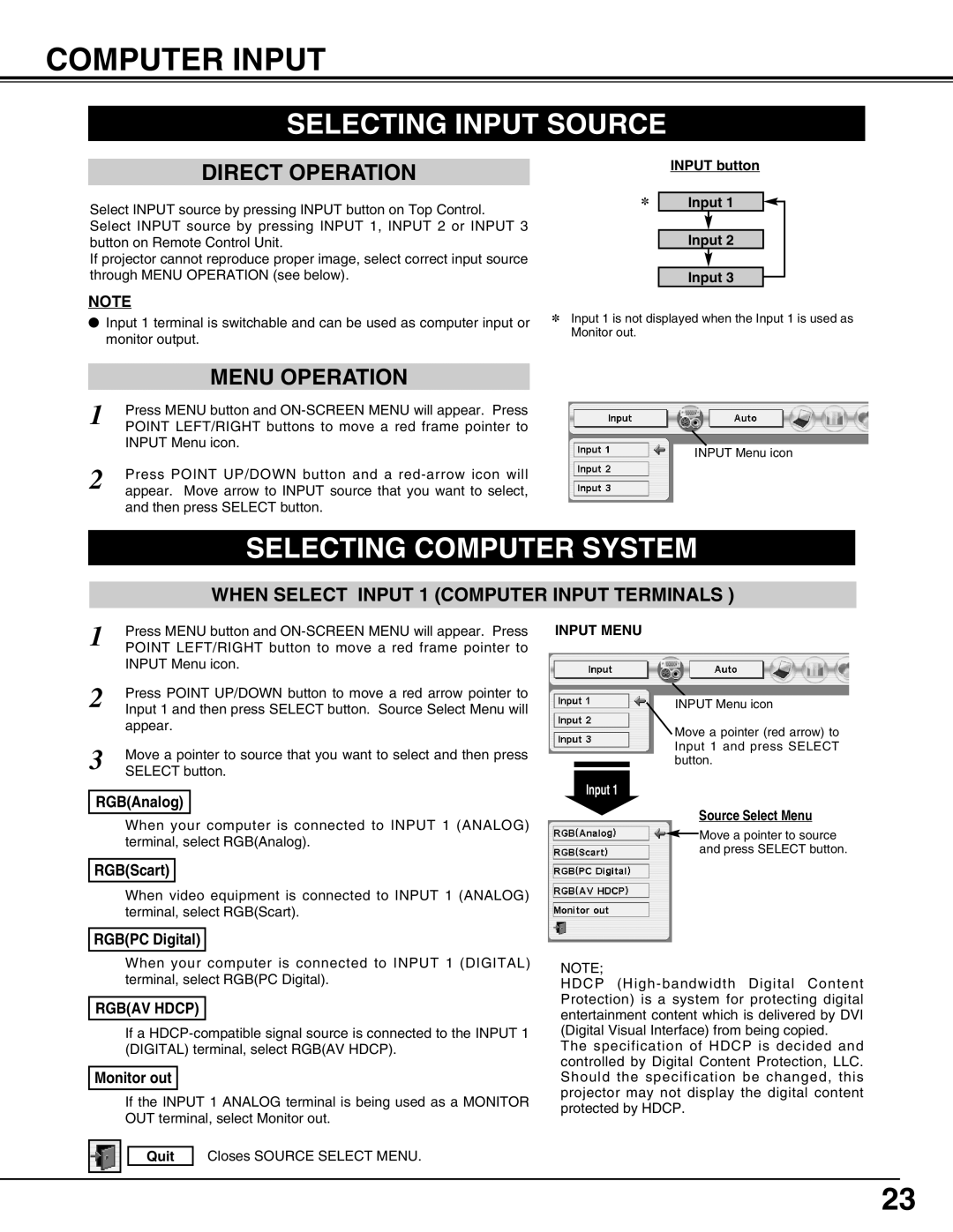 Eiki LC-X70 Computer Input, Selecting Input Source, Selecting Computer System, Direct Operation, Menu Operation, Quit 