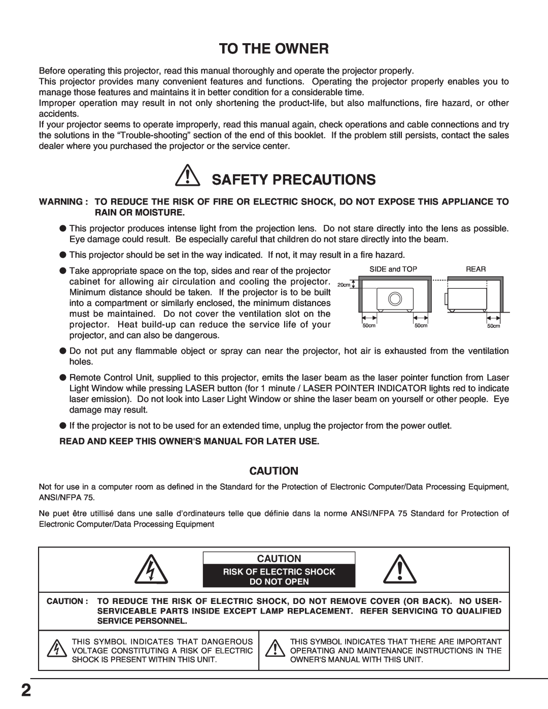 Eiki LC-X70 instruction manual To The Owner, Safety Precautions, Read And Keep This Owners Manual For Later Use 