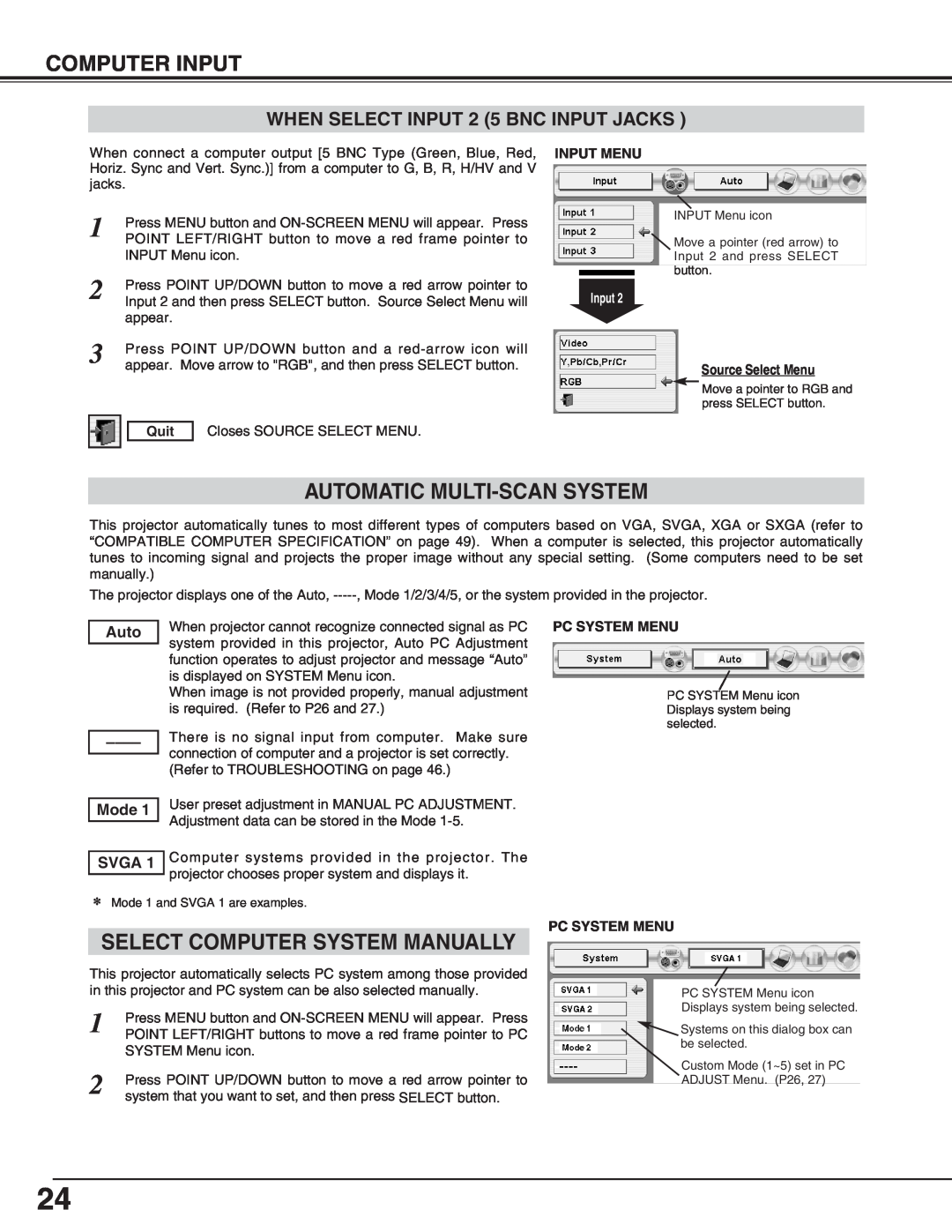 Eiki LC-X70 instruction manual Select Computer System Manually, Source Select Menu, Quit, Pc System Menu 