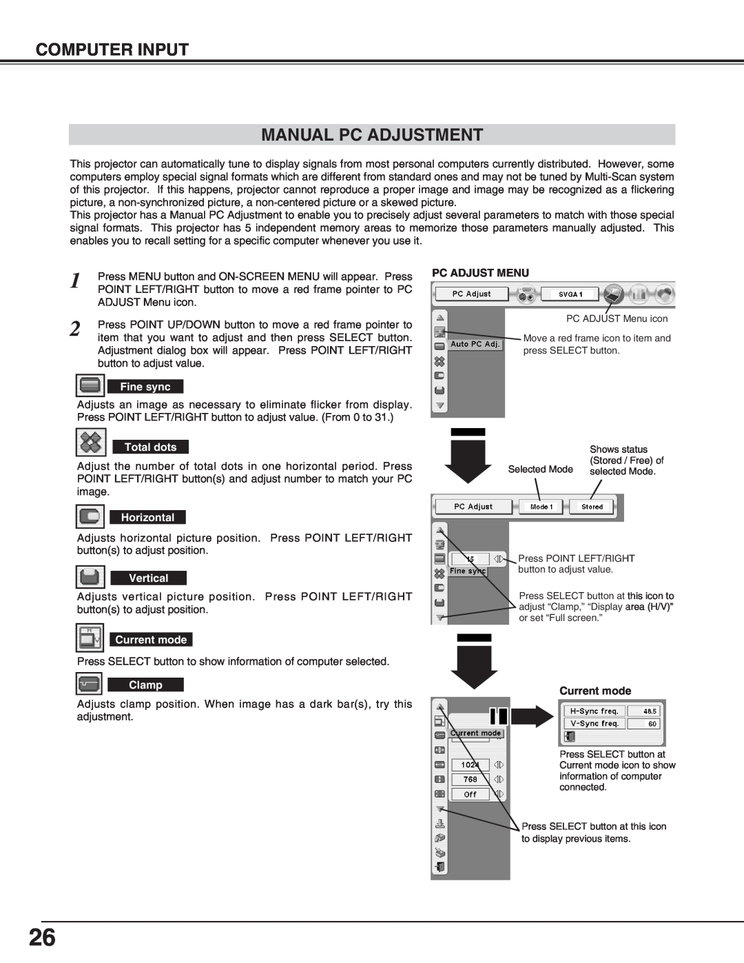 Eiki LC-X70 instruction manual Computer Input Manual Pc Adjustment, Pc Adjust Menu, Current mode 