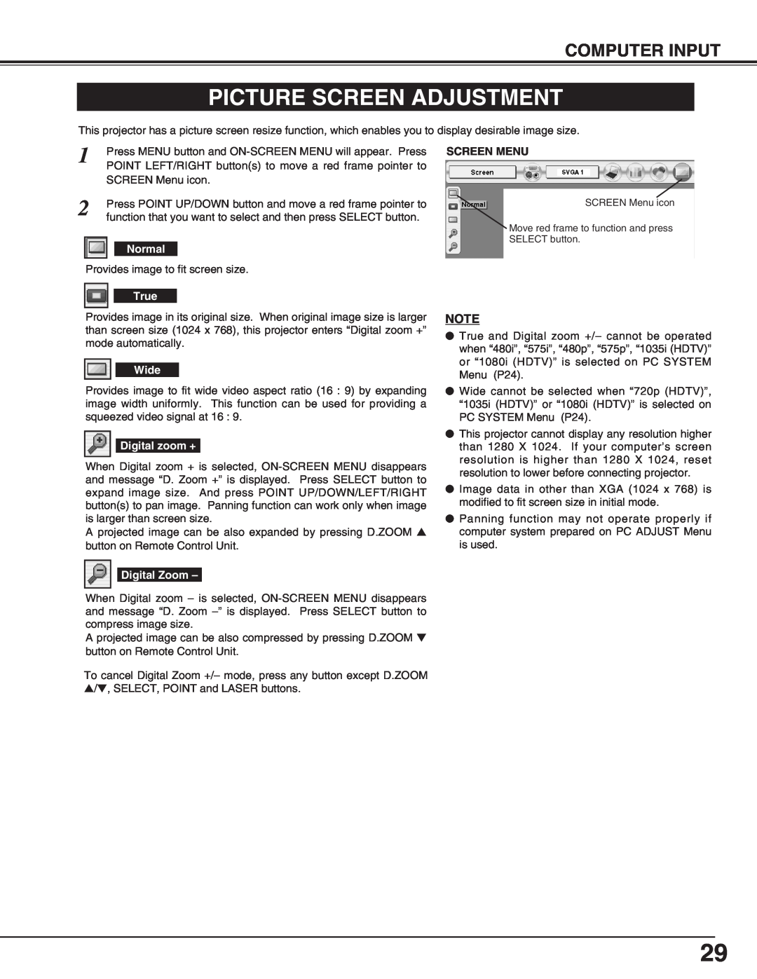 Eiki LC-X70 instruction manual Picture Screen Adjustment, Screen Menu 