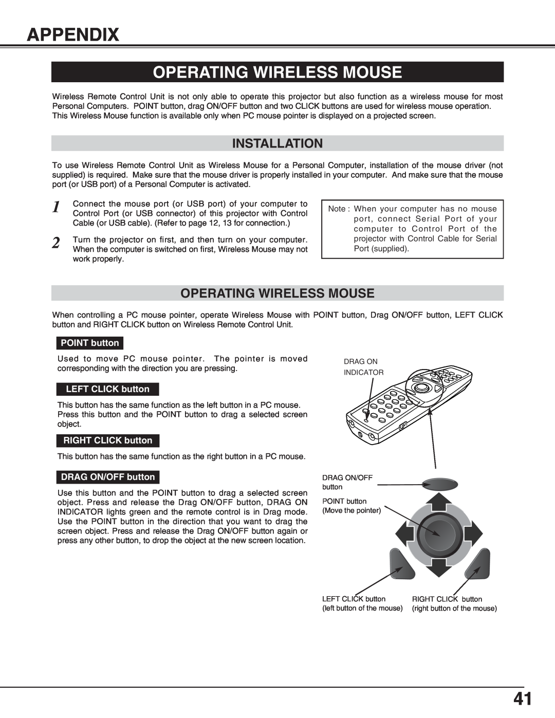 Eiki LC-X70 instruction manual Appendix, Operating Wireless Mouse 