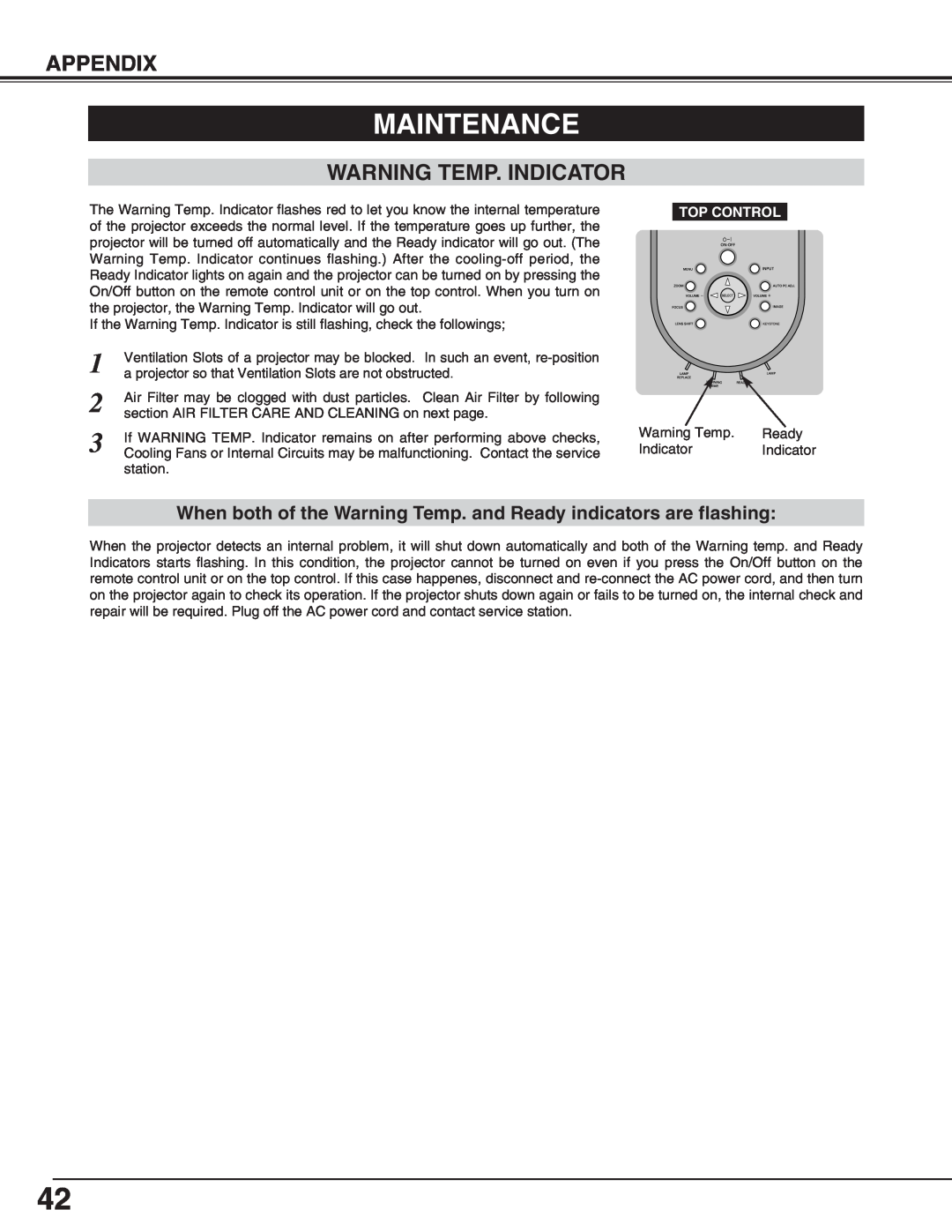 Eiki LC-X70 instruction manual Maintenance, Appendix, Warning Temp. Indicator 