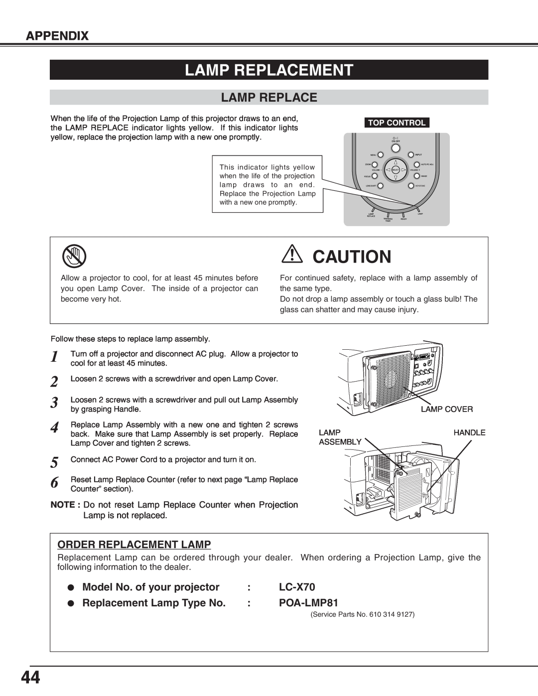 Eiki LC-X70 instruction manual Lamp Replacement, Appendix 