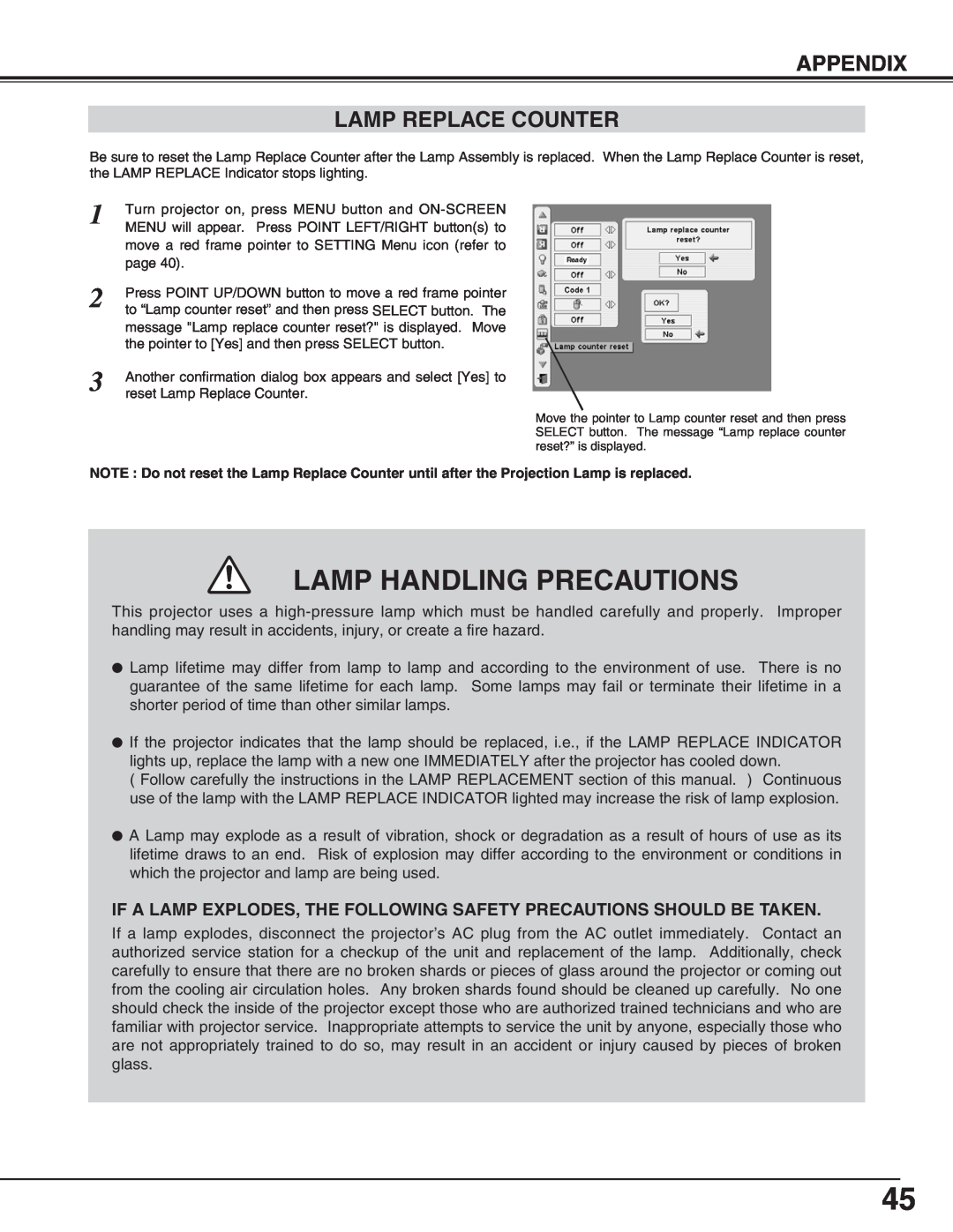 Eiki LC-X70 instruction manual Lamp Handling Precautions, Appendix Lamp Replace Counter 