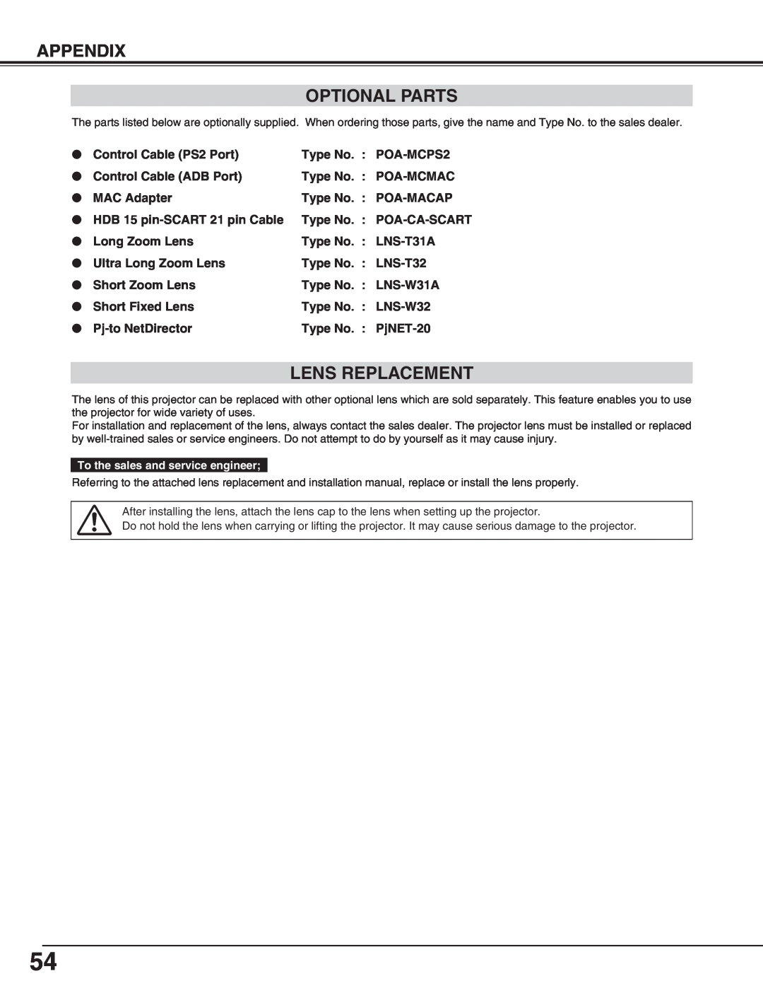 Eiki LC-X70 instruction manual Appendix Optional Parts, Lens Replacement 
