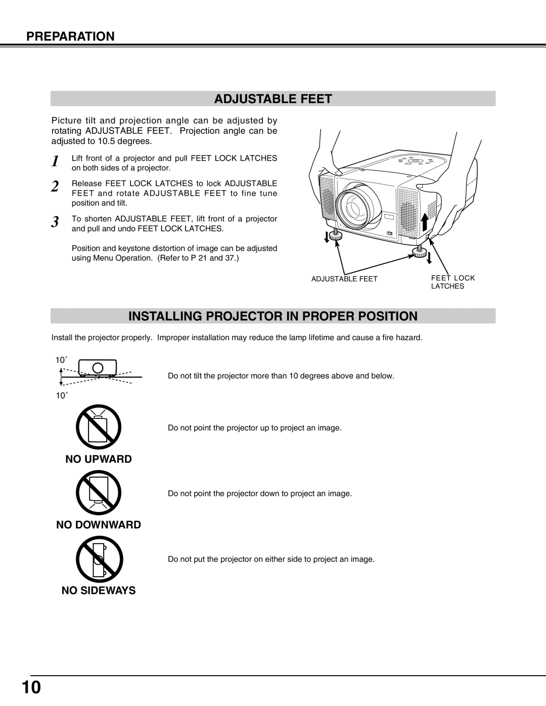 Eiki LC-X70 instruction manual Preparation Adjustable Feet, Installing Projector in Proper Position 