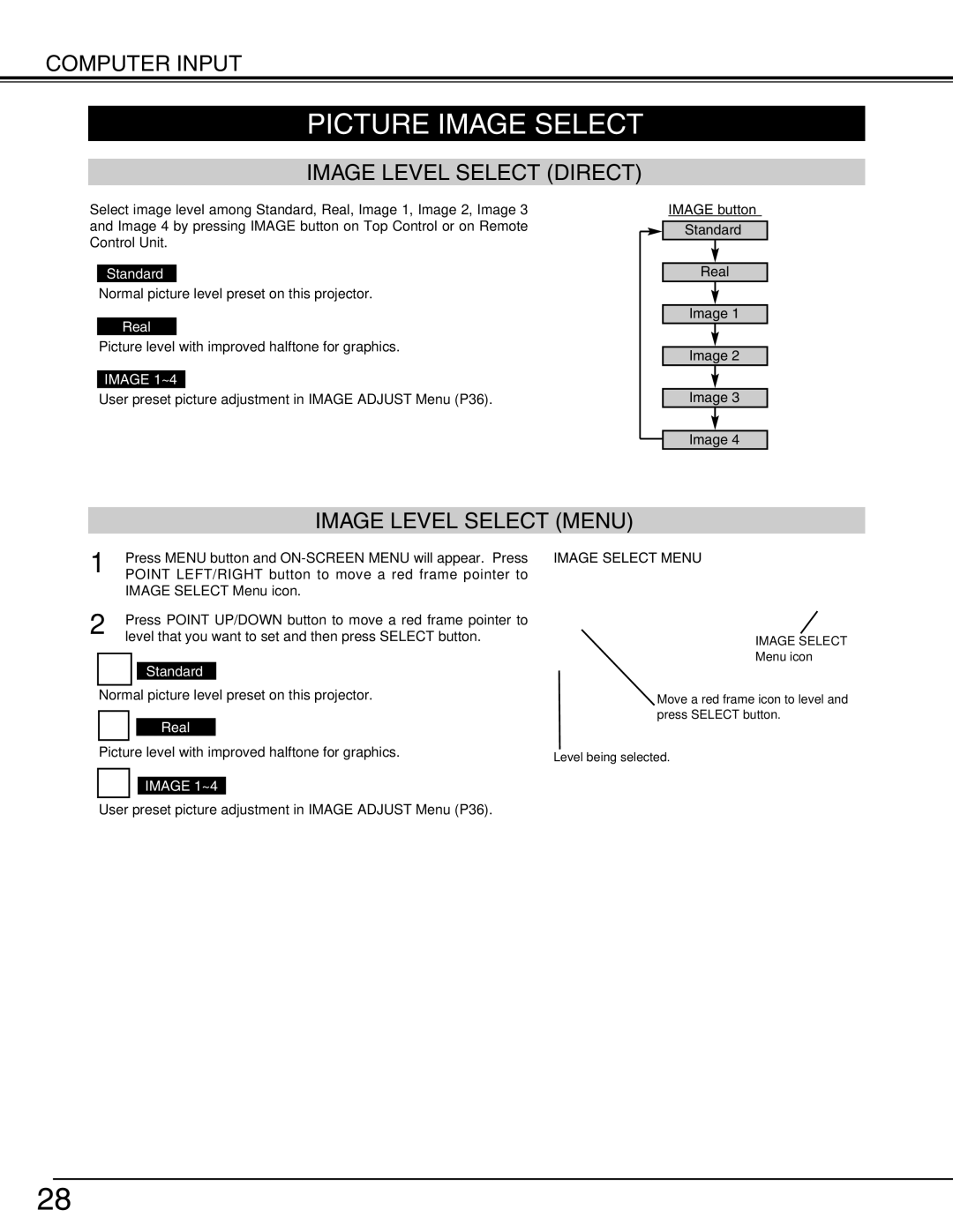 Eiki LC-X70 Picture Image Select, Image Level Select Direct, Image Level Select Menu, Image 1~4, Image Select Menu 