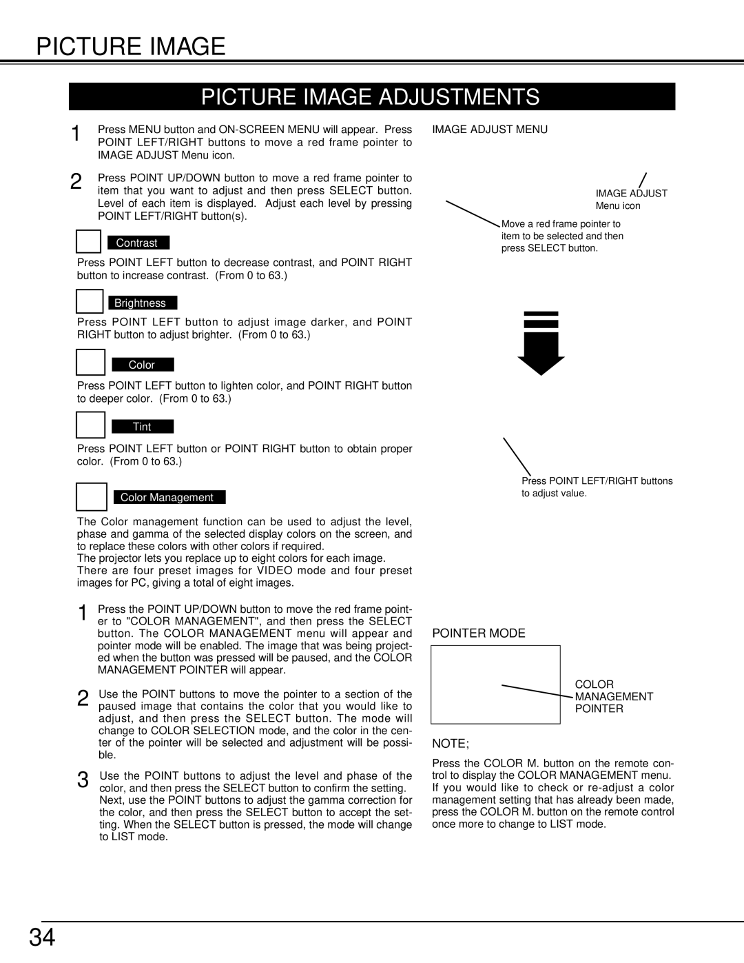 Eiki LC-X70 instruction manual Picture Image Adjustments, Image Adjust Menu 