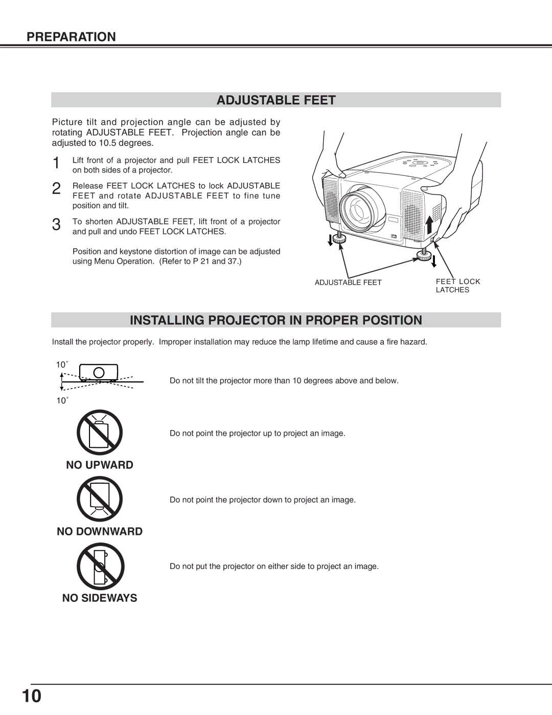 Eiki LC-X70 instruction manual Preparation Adjustable Feet, Installing Projector in Proper Position 